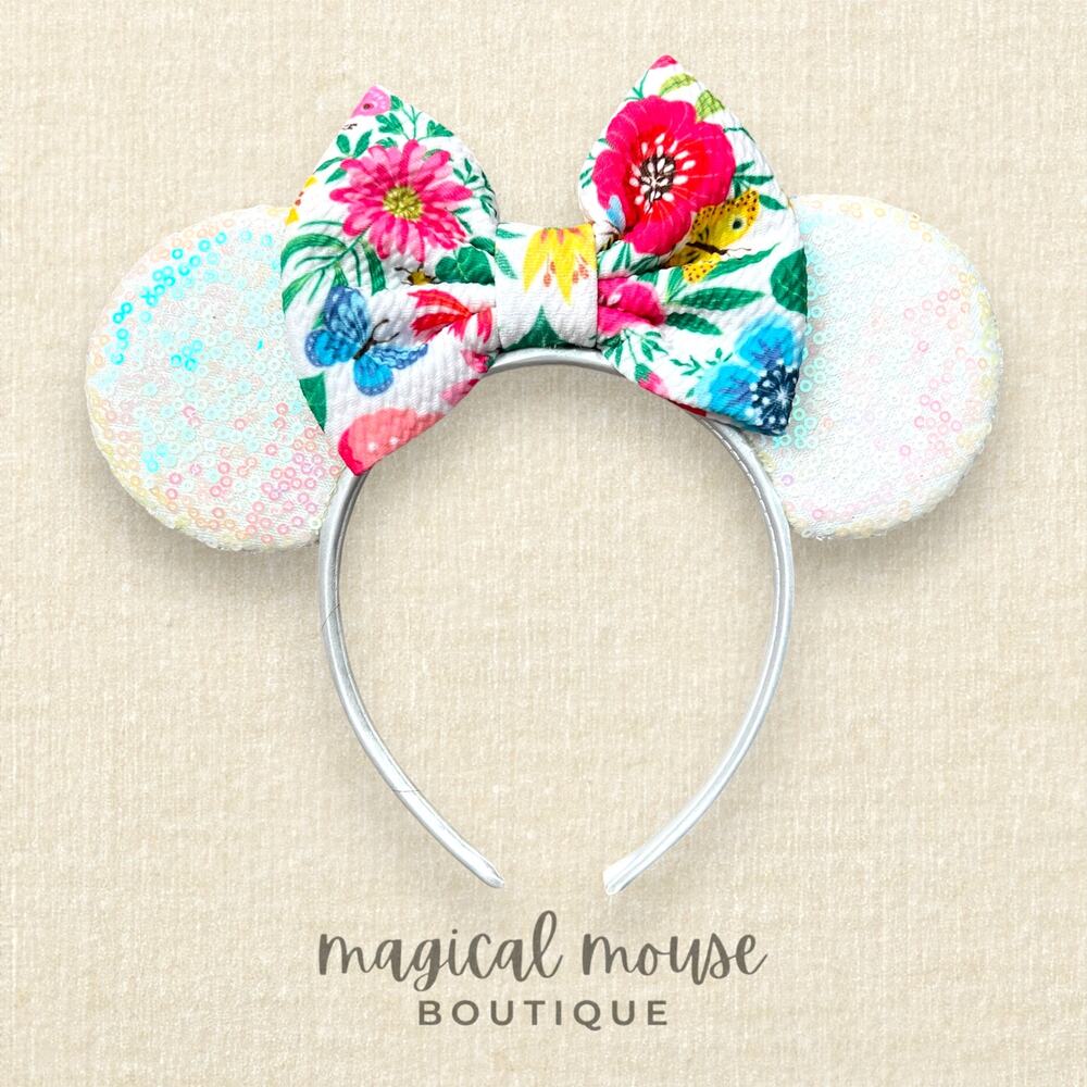 Iridescent White Floral Bow Minnie Ears | Disney-Inspired Spring Mouse Headband